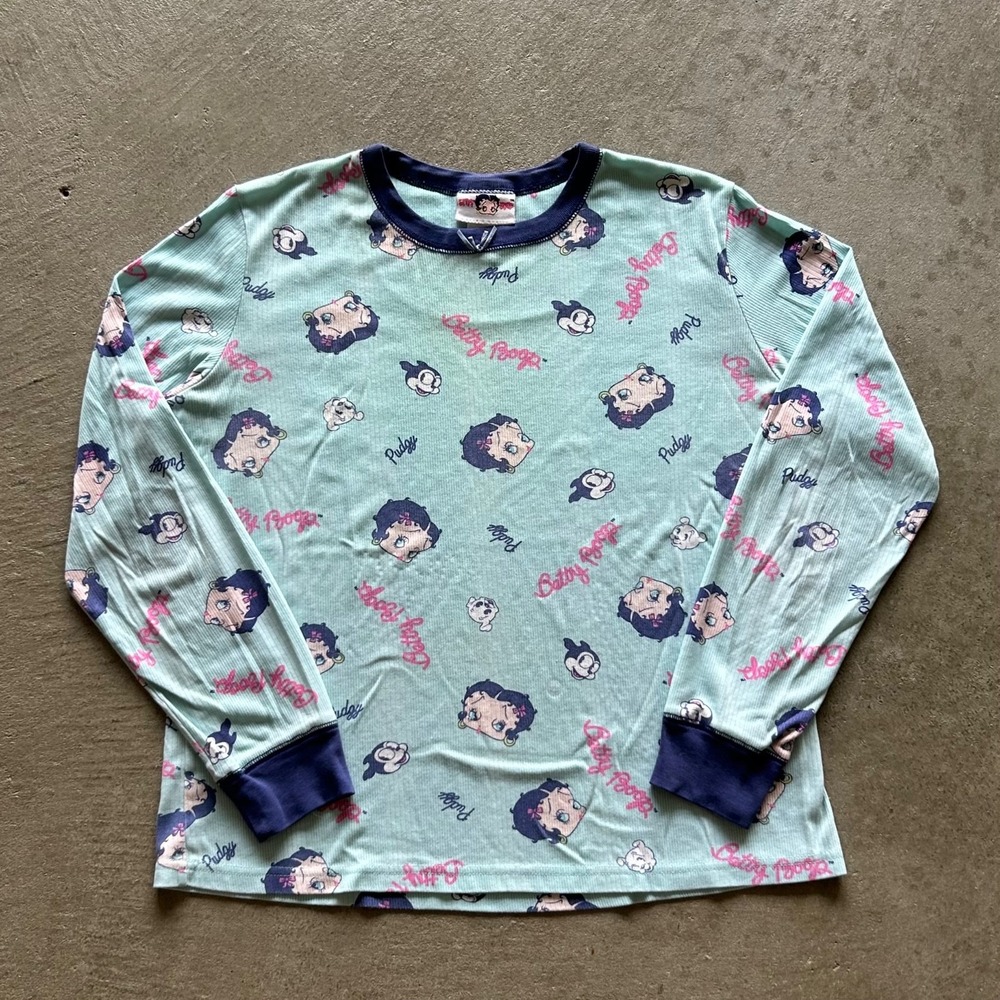 Vintage Y2K Betty Boop Long Sleeve Shirt Womens Medium Blue 2005 All Over Print